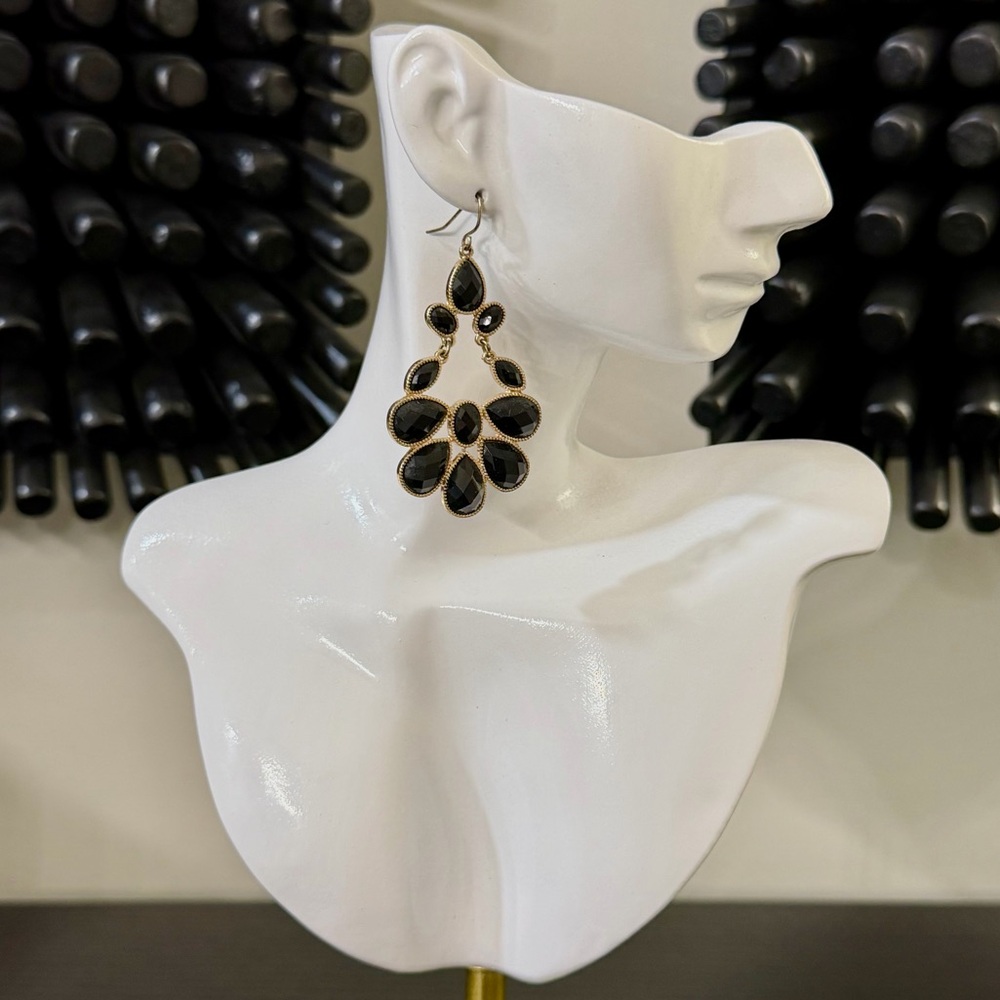 Gold Black Onyx Teardrop Chandelier Statement Earrings